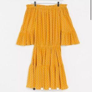 ASOS DESIGN off shoulder tiered mini sundress in mustard polka dot